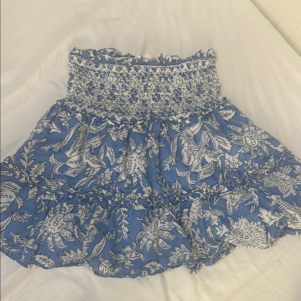 Blue and White Ruffled Smocked Mini Skirt